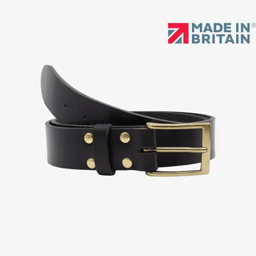 Black leather belt with gold buckle on a white background, featuring 'Made in Britain' logo.