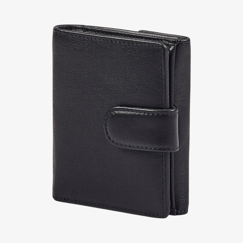 Black ladies trifold leather purse with buttoned coin pocket
