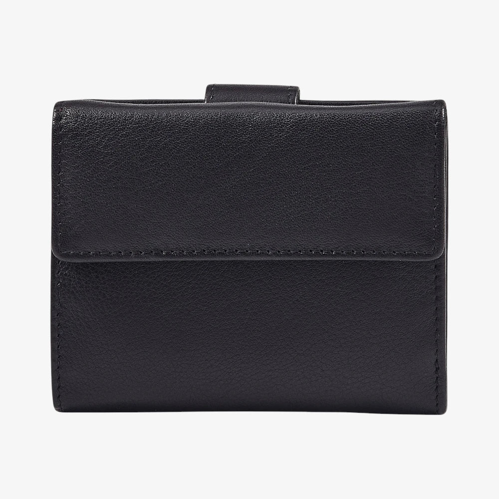 Real leather women's trifold wallet in black with 6 card slots
