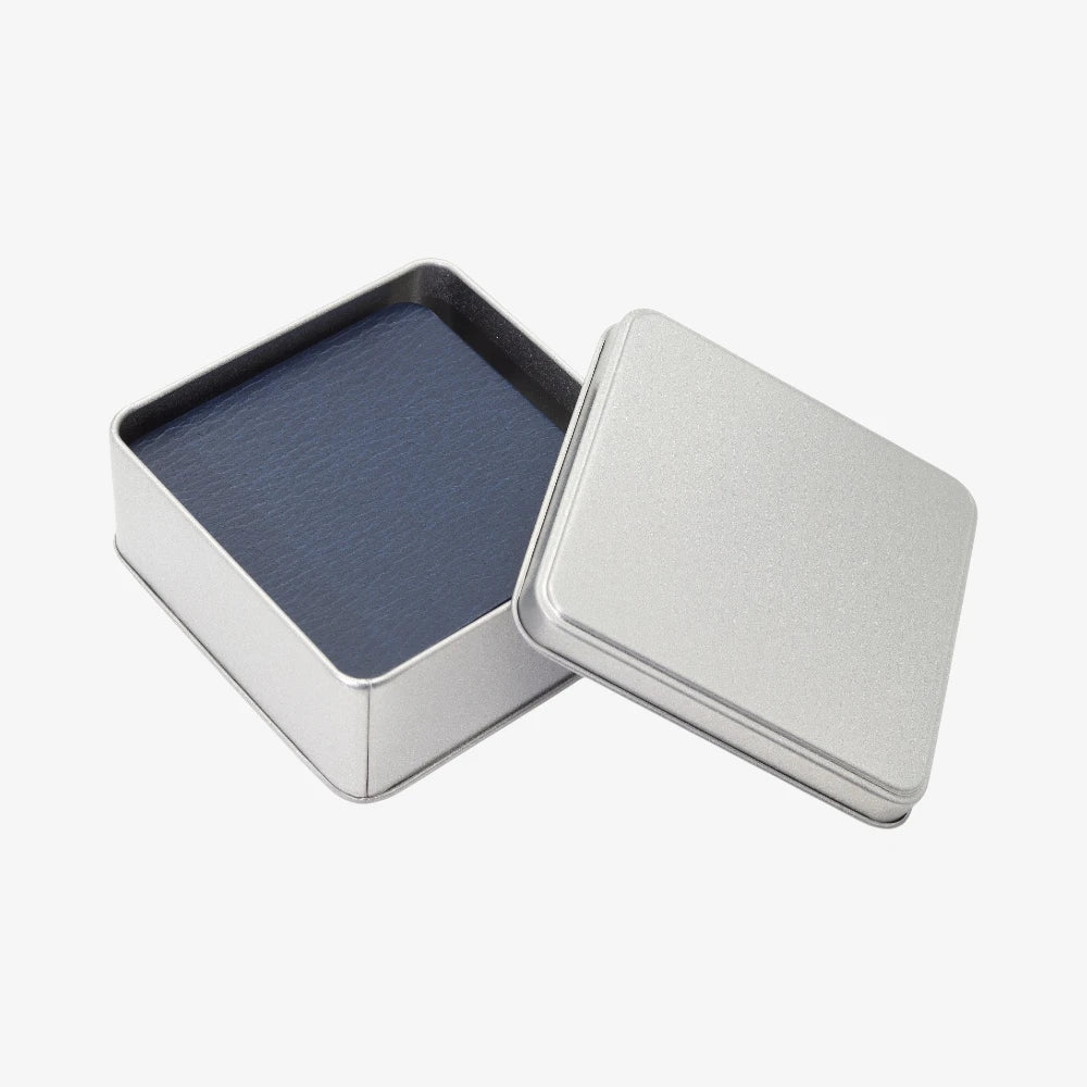 Hand finished blue  leather coaster set UK  on a white background