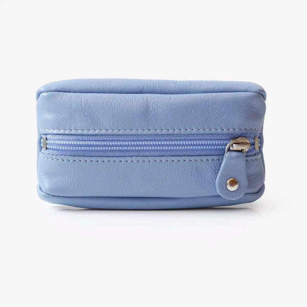 Front view of Blue  Small Leather Zipper Keyring Pouch on grey background