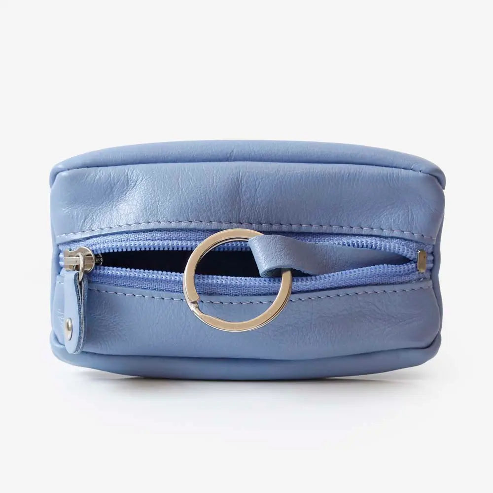Blue Small Leather Zipper Keyring Pouch on grey background