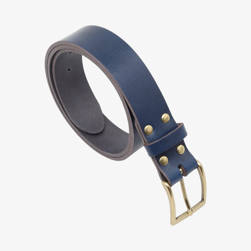 Blue leather belt with gold buckle on a white background