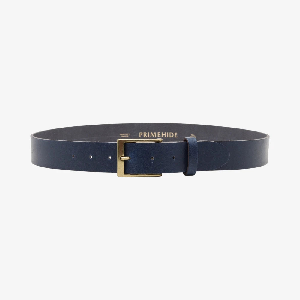 Full width view of Blue leather belt with gold buckle on a white background