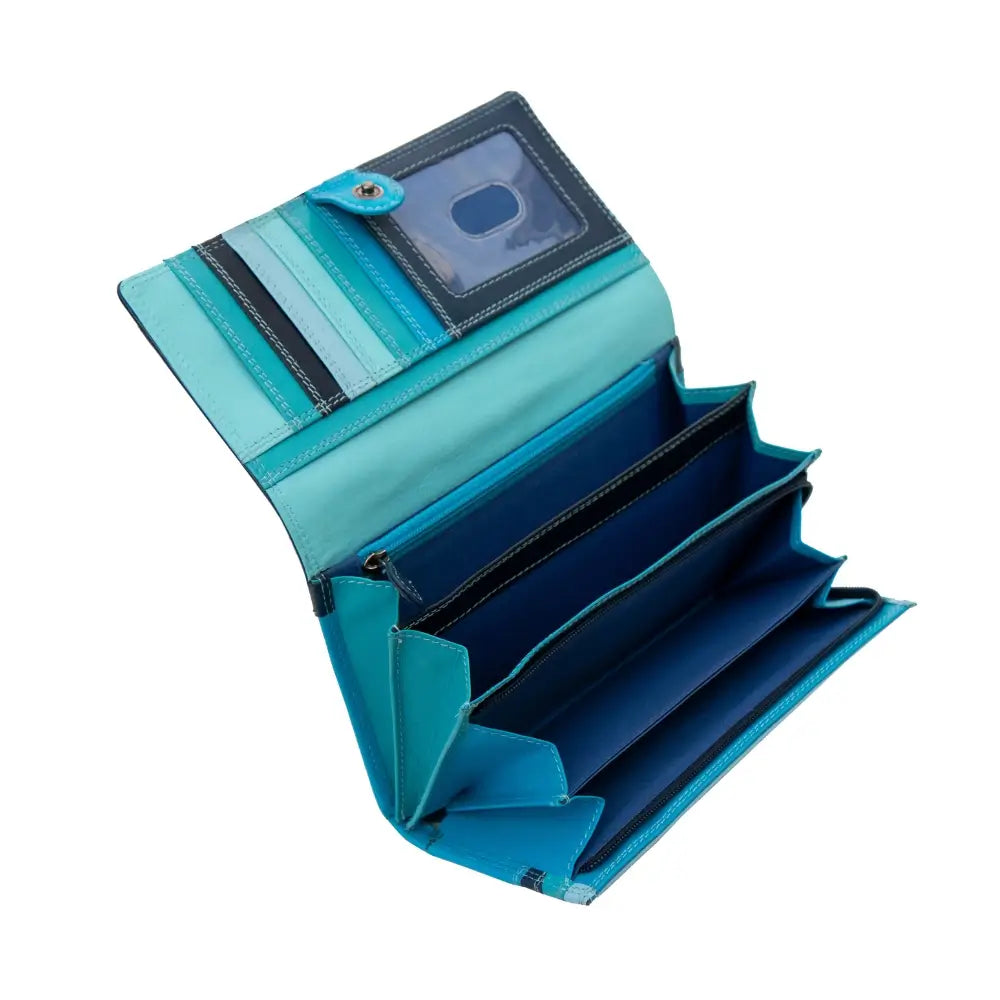 Blue wallet with a phone case attached on a white background