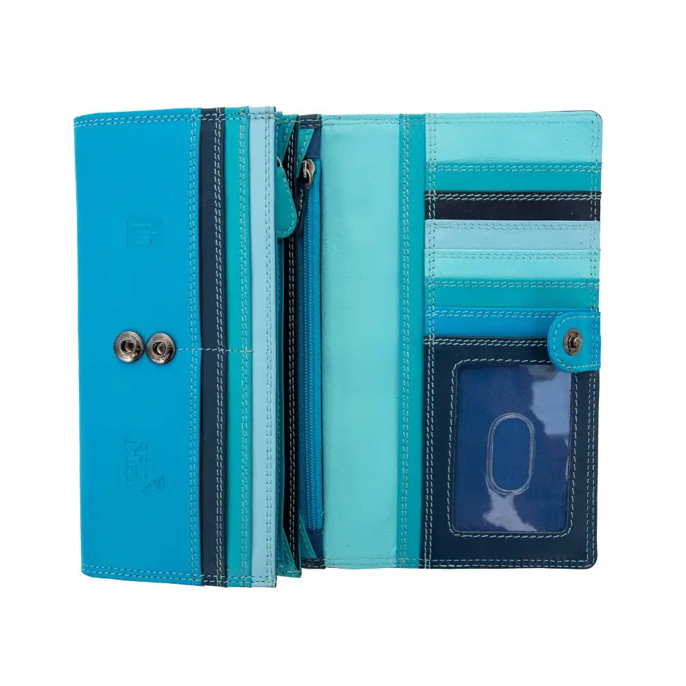 Blue wallet with multiple compartments on a white background