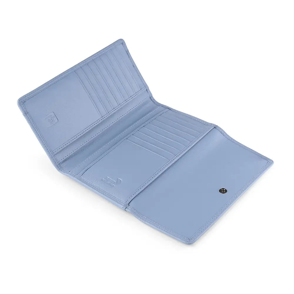 Open view of  blue wallet on a white background