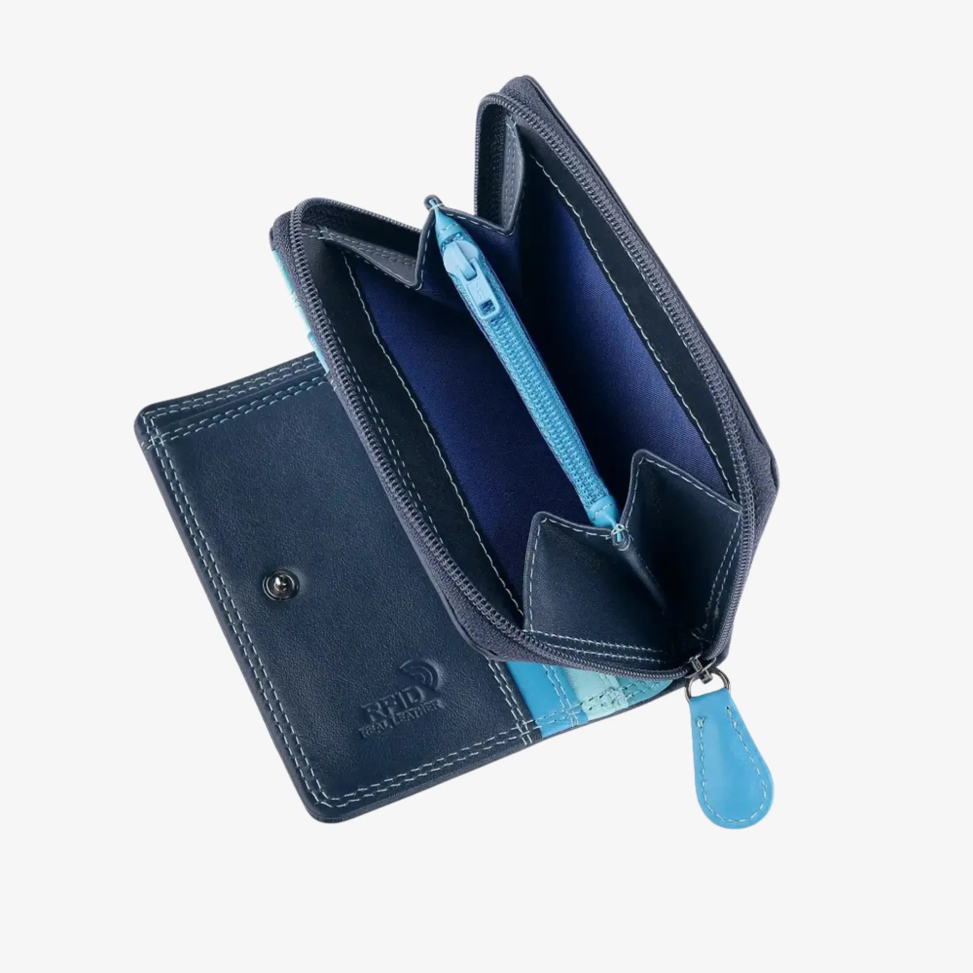 An open  blue leather wallet with a light blue zipper pull and interior, shown on a plain light gray background. 