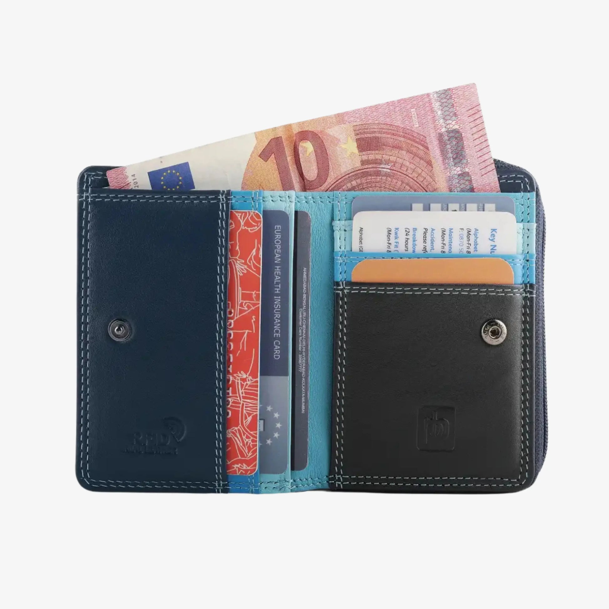 A blue leather bi-fold wallet shown open, containing cards and a 10 Euro banknote. 