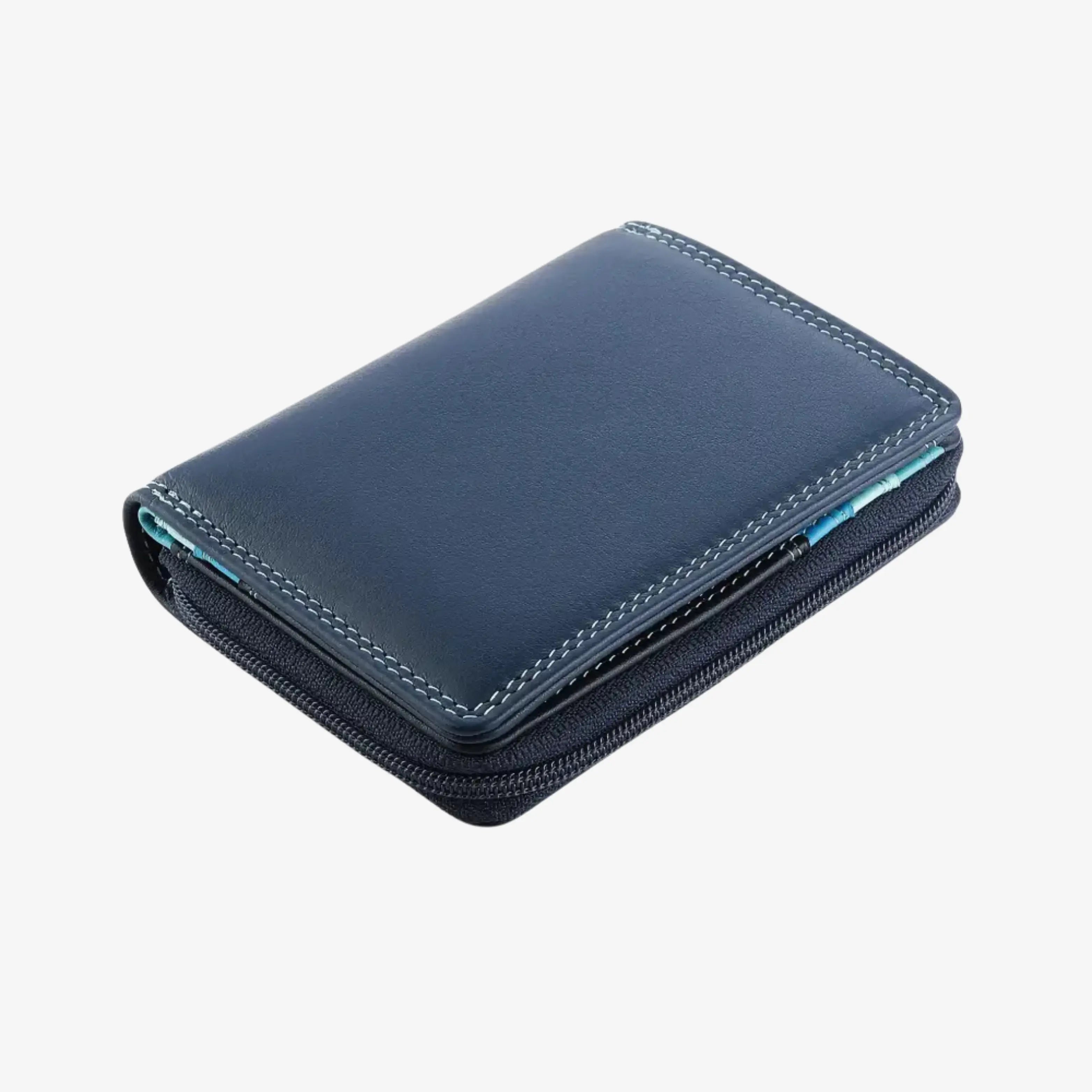 A blue leather zip-around wallet with white contrast stitching, shown at an angle on a light gray background.