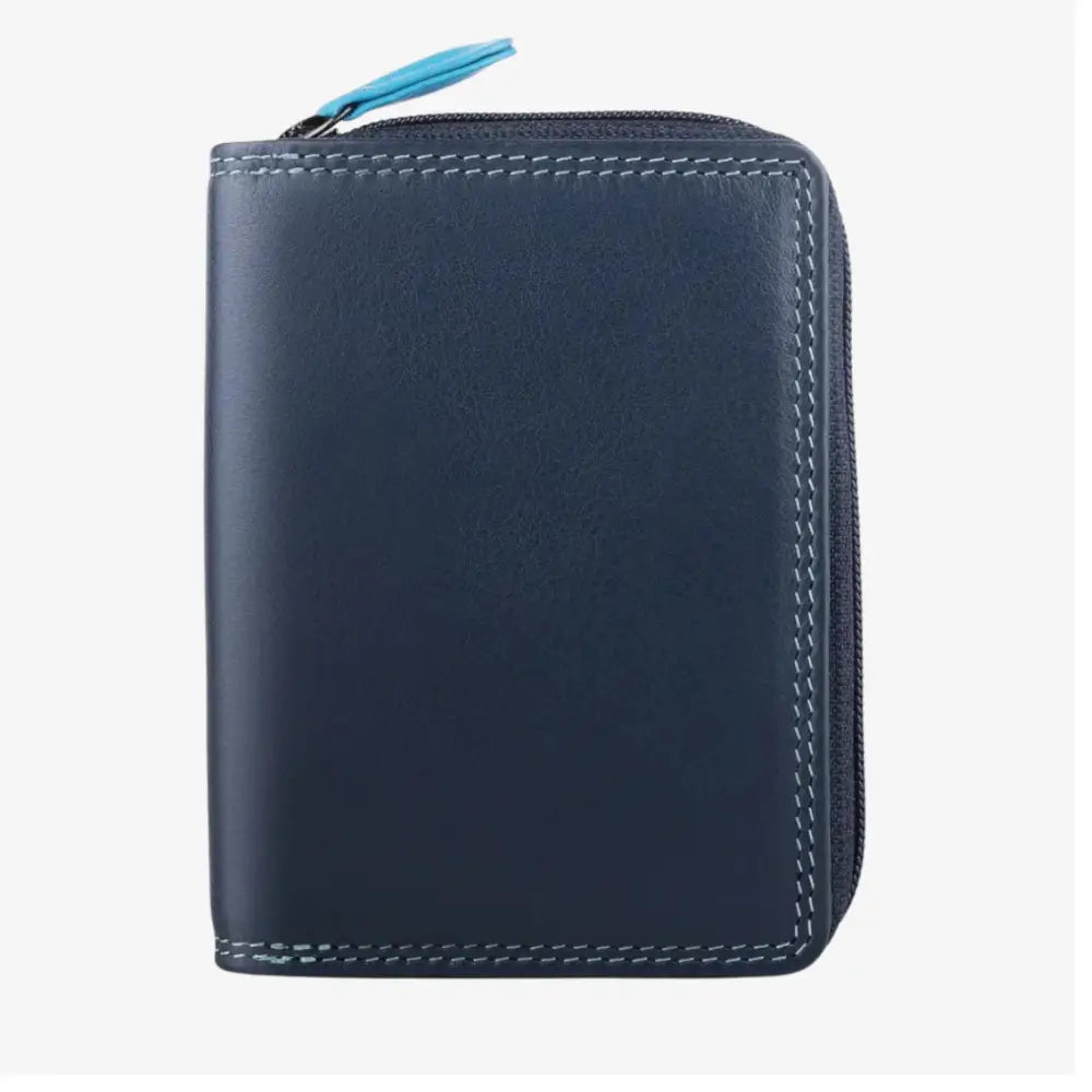 A blue leather zip-around wallet with light blue stitching and a matching light blue zipper pull, shown on a plain light gray background.