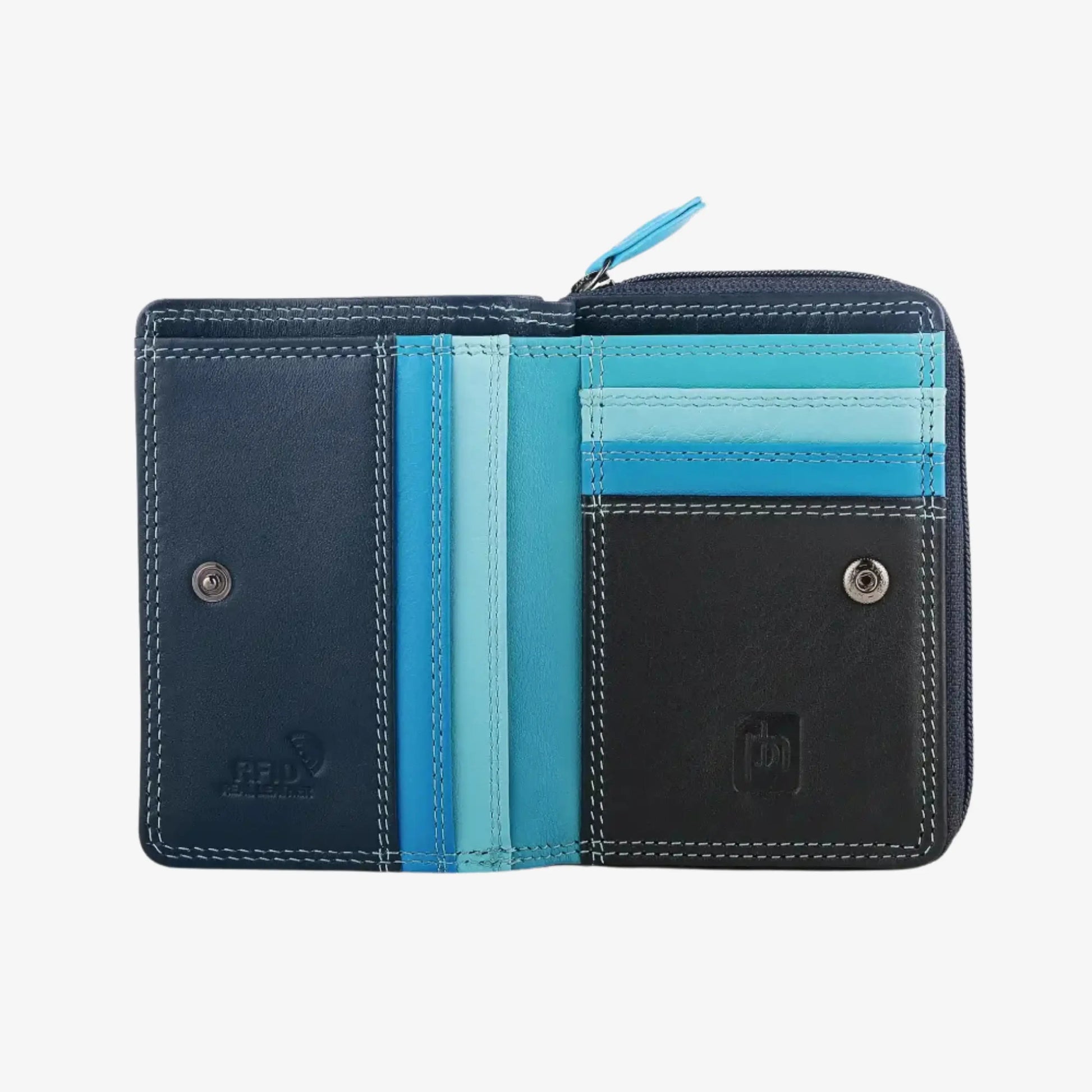 A blue  leather wallet shown open against a light gray background, featuring multiple card slots, a zippered compartment, and contrasting blue and turquoise stripes.
