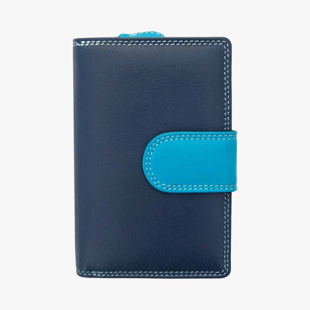 Blue leather wallet with a contrasting blue flap on a white background