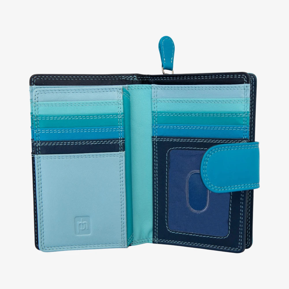 Blue and black wallet with a visible brand logo on a white background