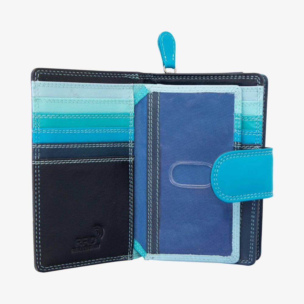 Blue and black wallet with a visible brand logo on a white background