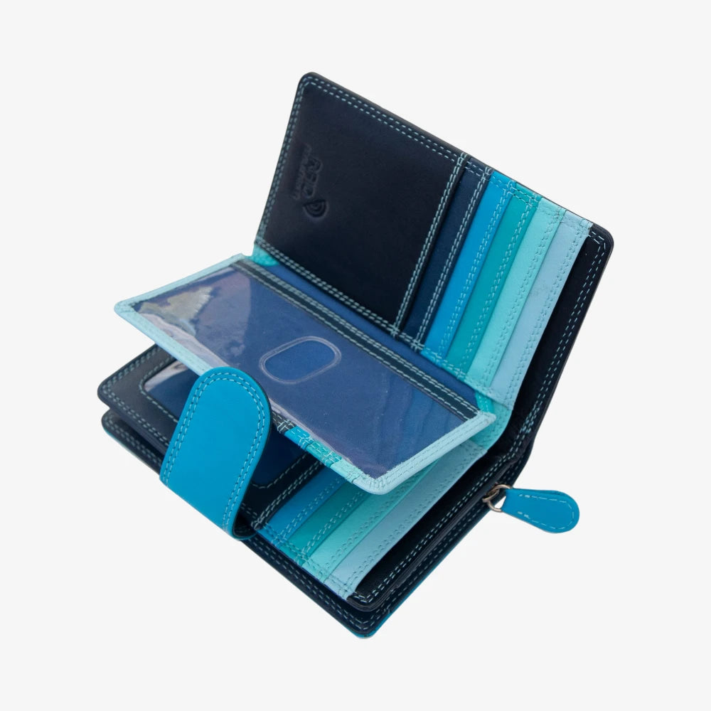Blue wallet with card slots and phone holder on a white background