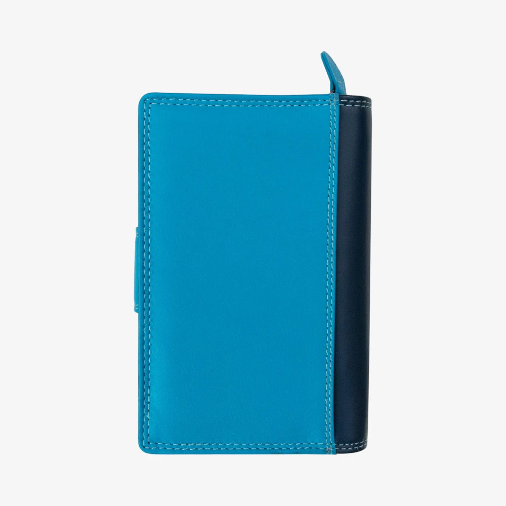 Blue leather purse with a black spine on a white background