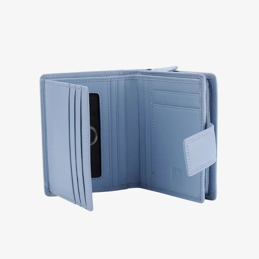 Blue purse with card slots on a white background