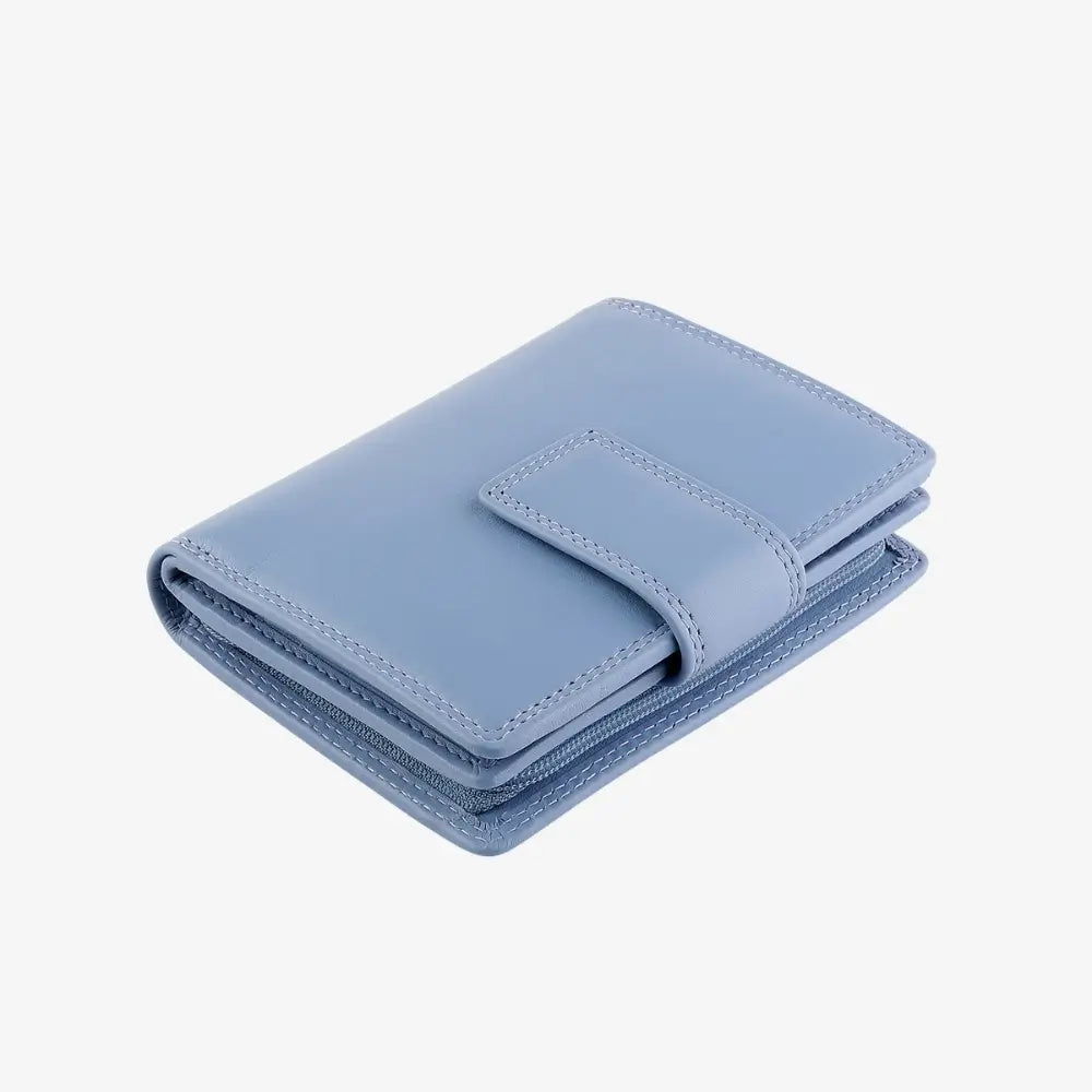Folded light blue leather wallet on a white background