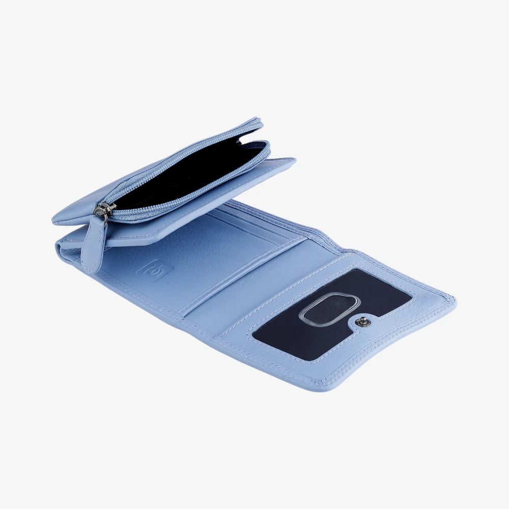 Light blue wallet with a zipper on a white background