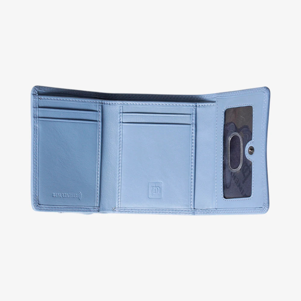 Blue wallet with card slots and a phone holder on a white background