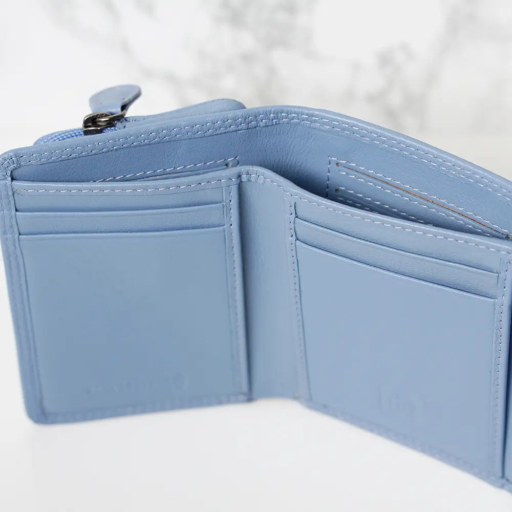 Open light blue wallet on a white background