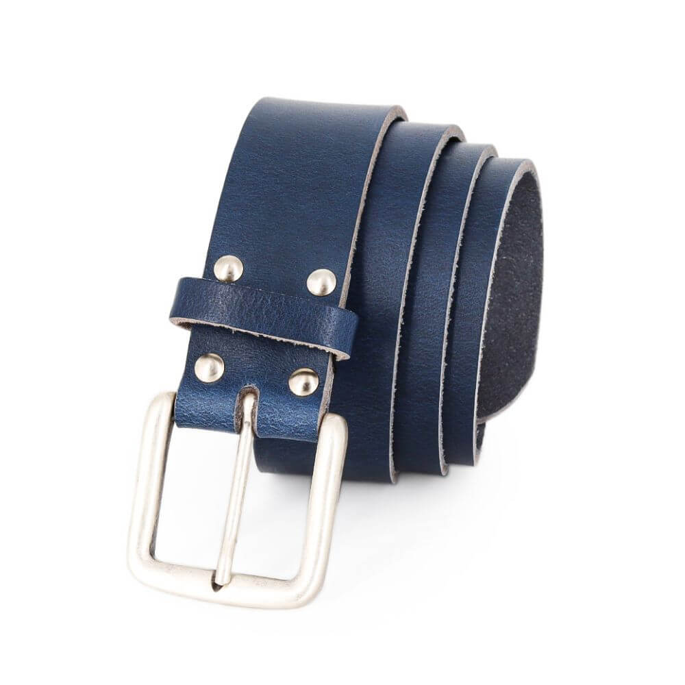 Blue leather belt Made by hand in England