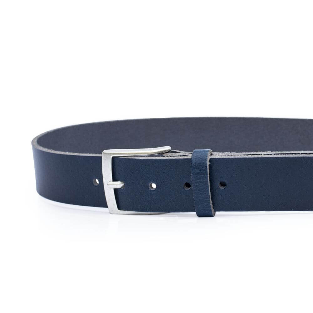 Navy blue belt with a silver buckle on a white background