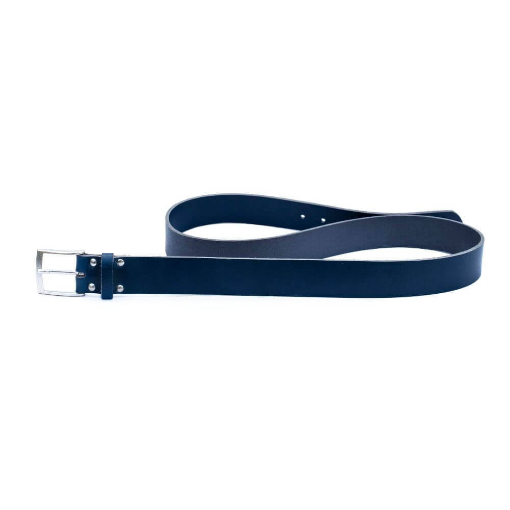 Navy blue belt with a silver buckle on a white background
