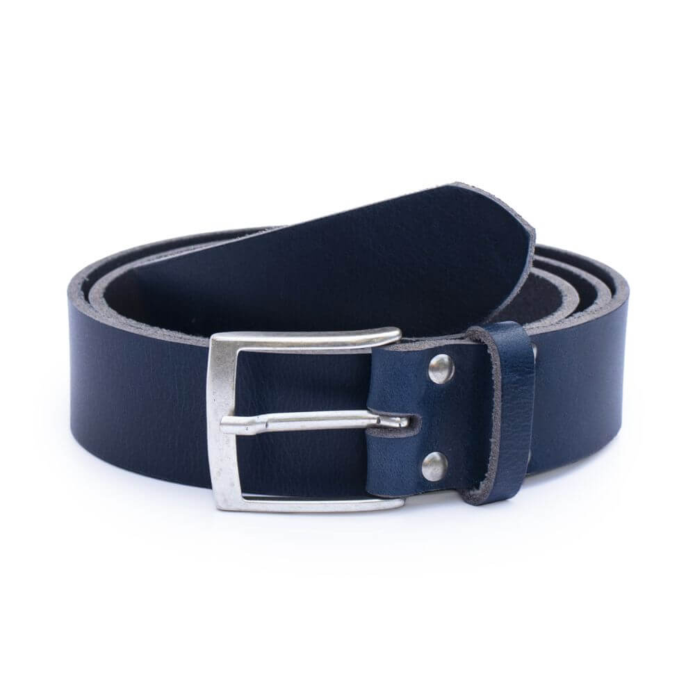 Navy blue leather belt with a silver buckle on a white background