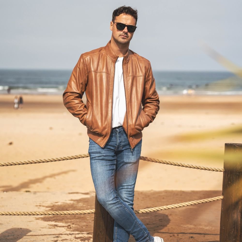 Bomber Leather Jacket Jack Tan 6093 (2)