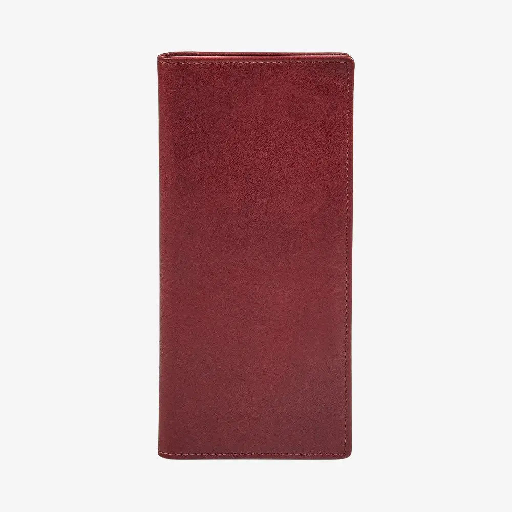Front view of Bordeaux leather wallet on a white background