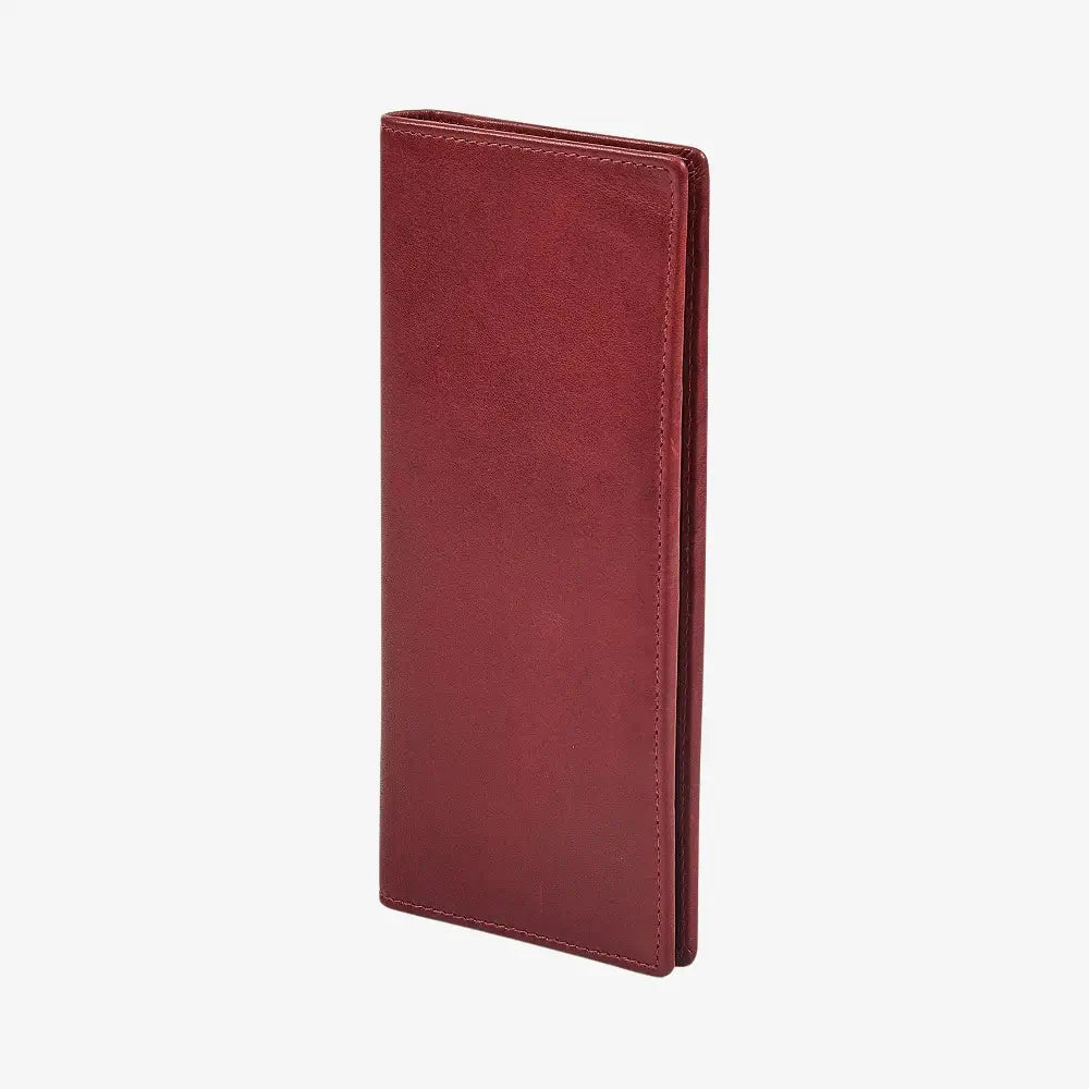 Side angle view of Bordeaux leather wallet on a white background
