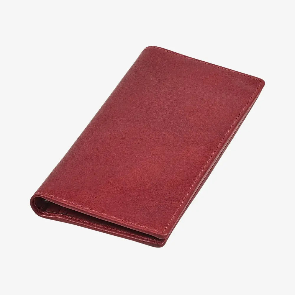 Top view of Bordeaux leather wallet on a white background