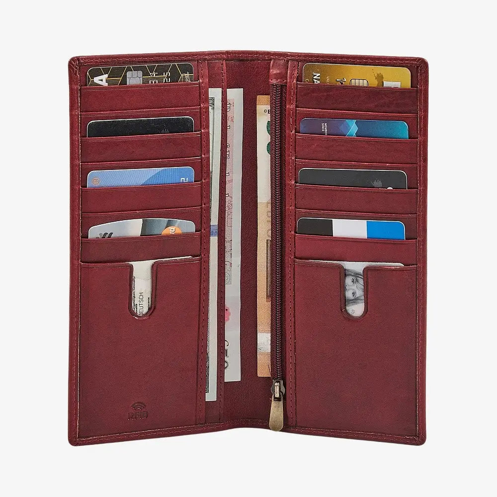 Open Bordeaux leather wallet with various cards and a bill on a white background