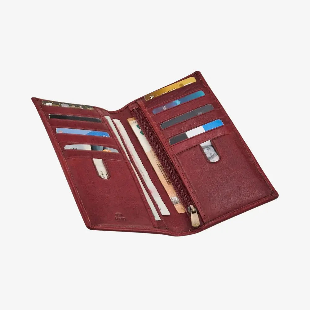 Open Bordeaux leather wallet with card slots on a white background