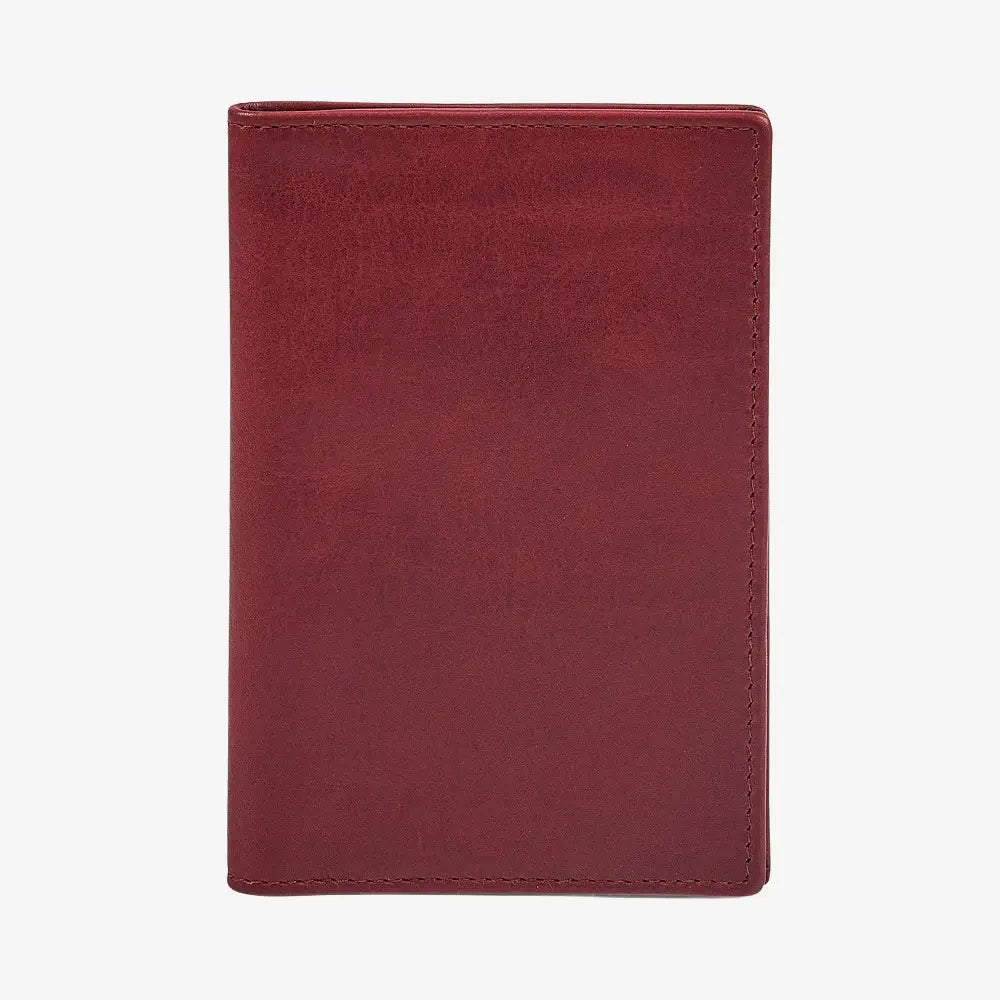 Front view of Bordeaux leather passport holder on a white background