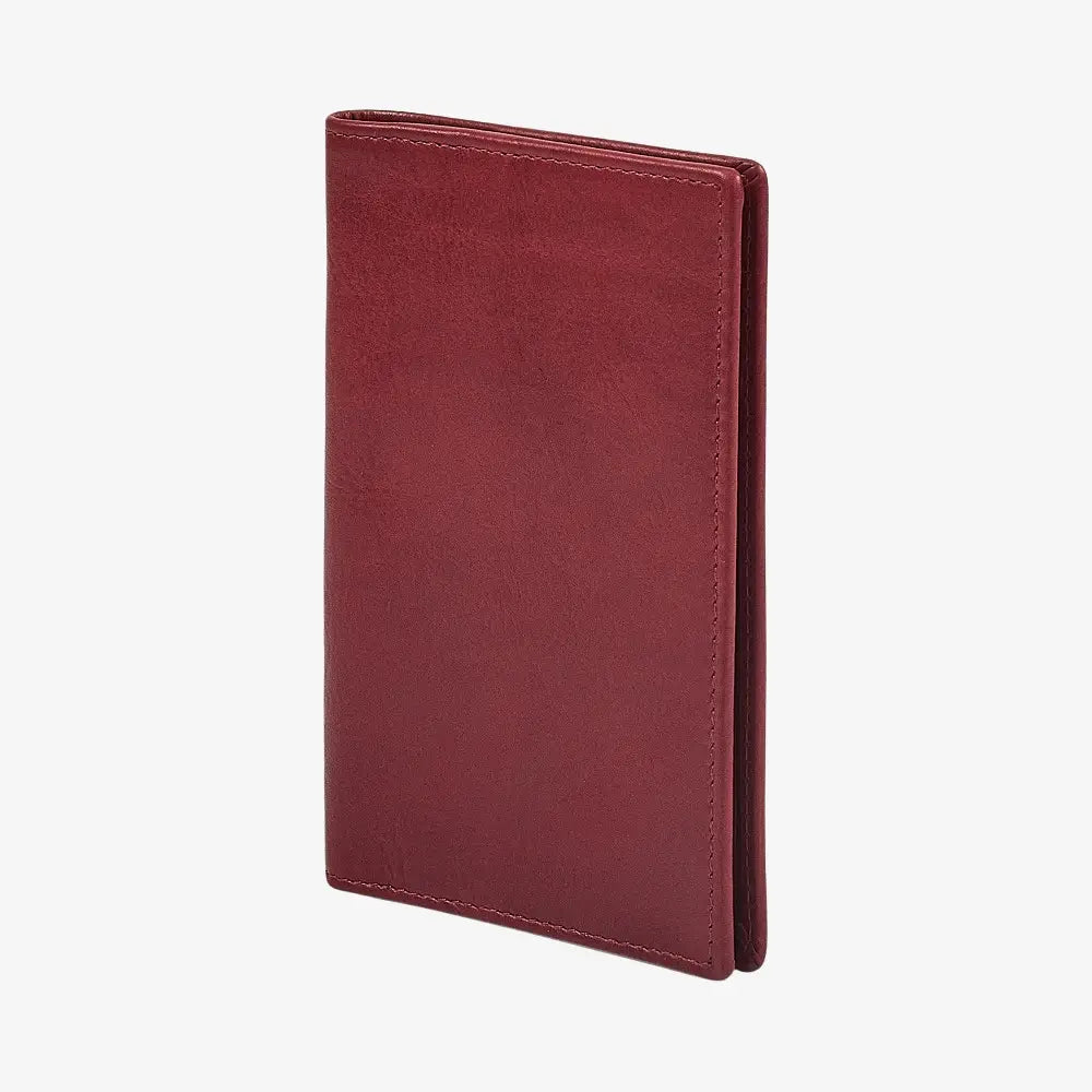 Side view of Bordeaux leather passport holder on a white background