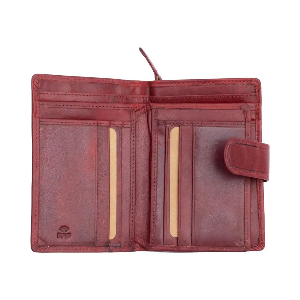 Bordeaux leather wallet open on a white background
