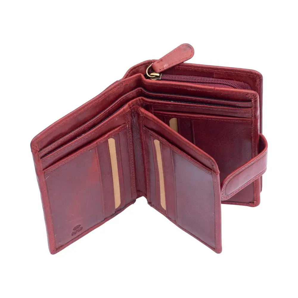Open Bordeaux leather wallet on a white background