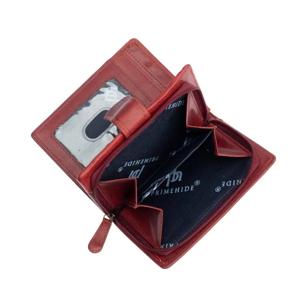 Bordeaux leather wallet with visible brand name on a white background