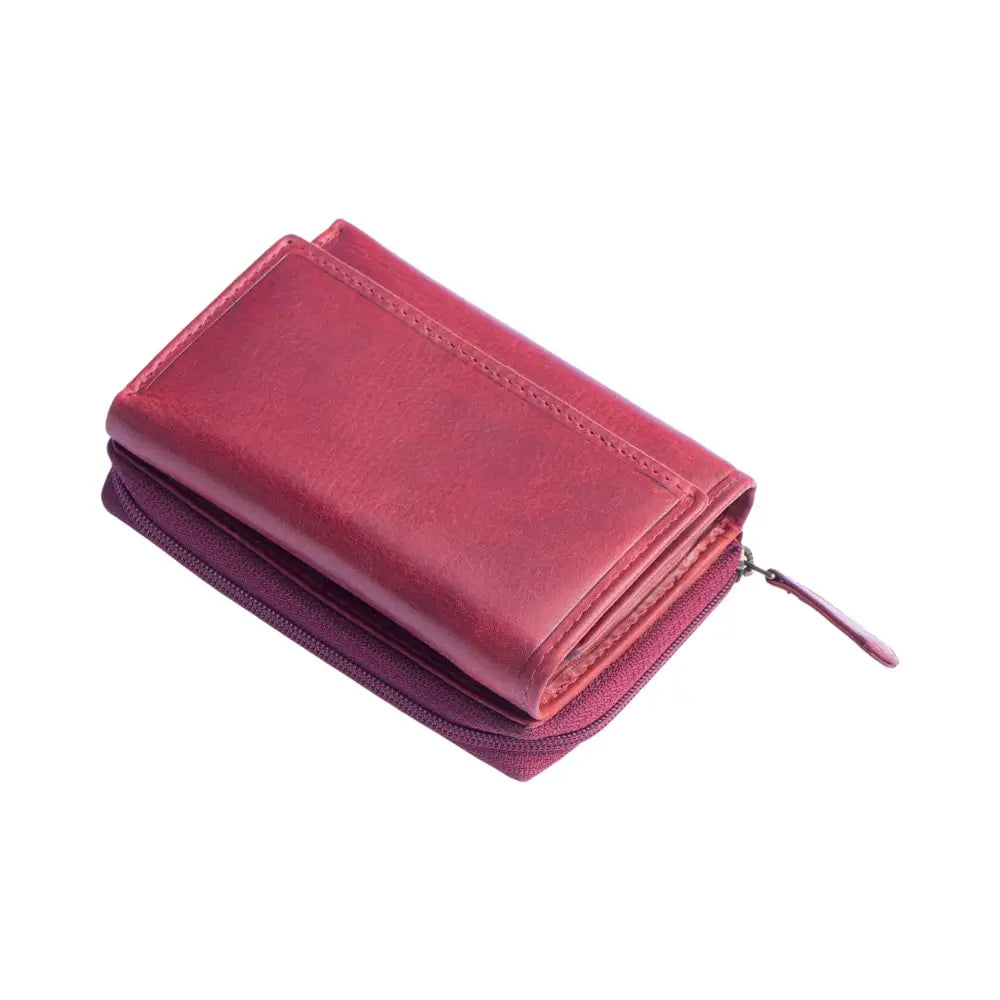 Bordeaux leather wallet with a zipper on a white background