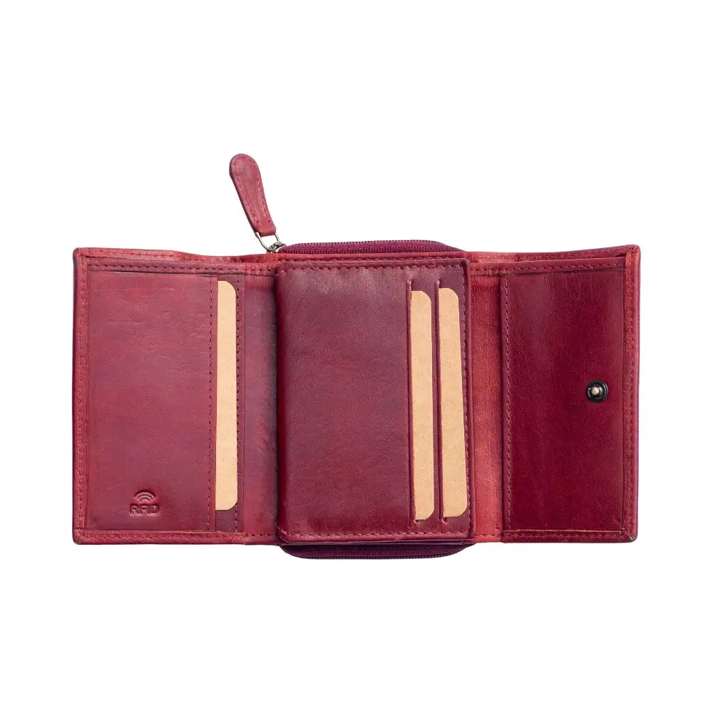 Bordeaux leather wallet with a visible brand logo on a white background