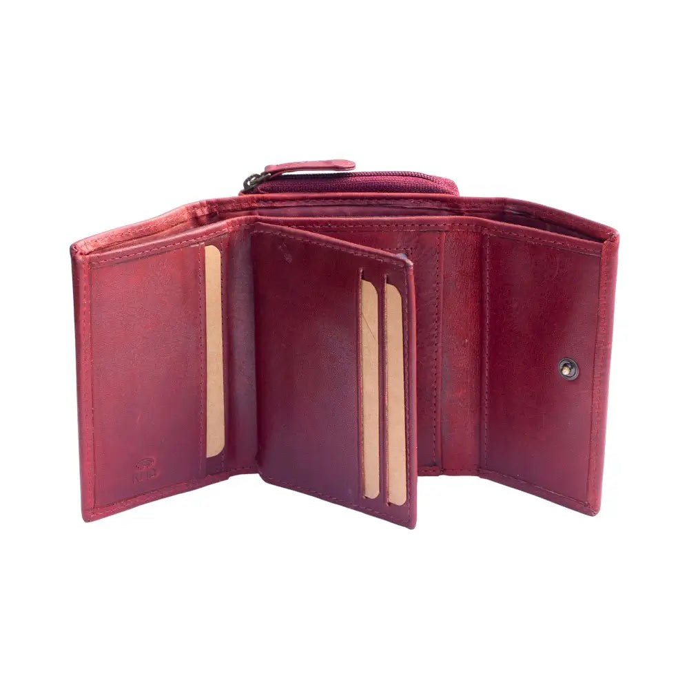 Bordeaux leather wallet open on a white background
