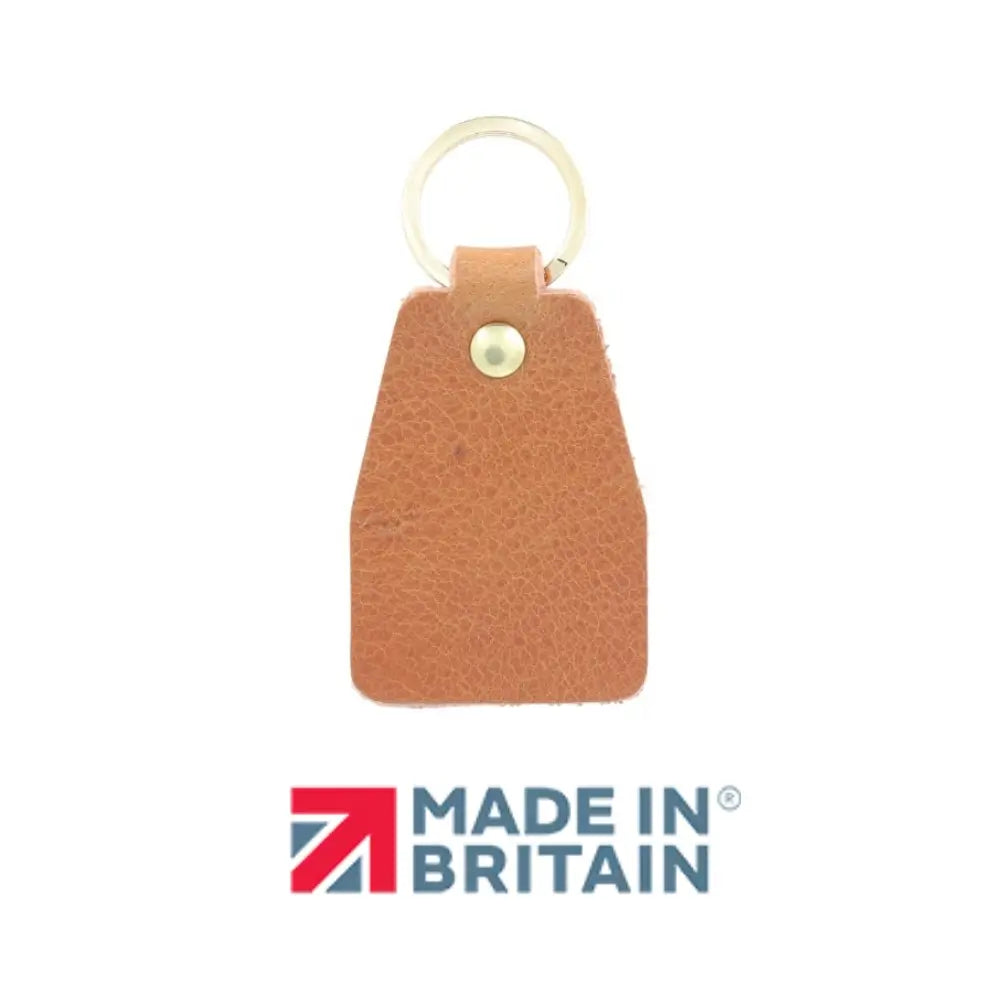 Brandy  leather keychain with 'Made in Britain' logo on a white background