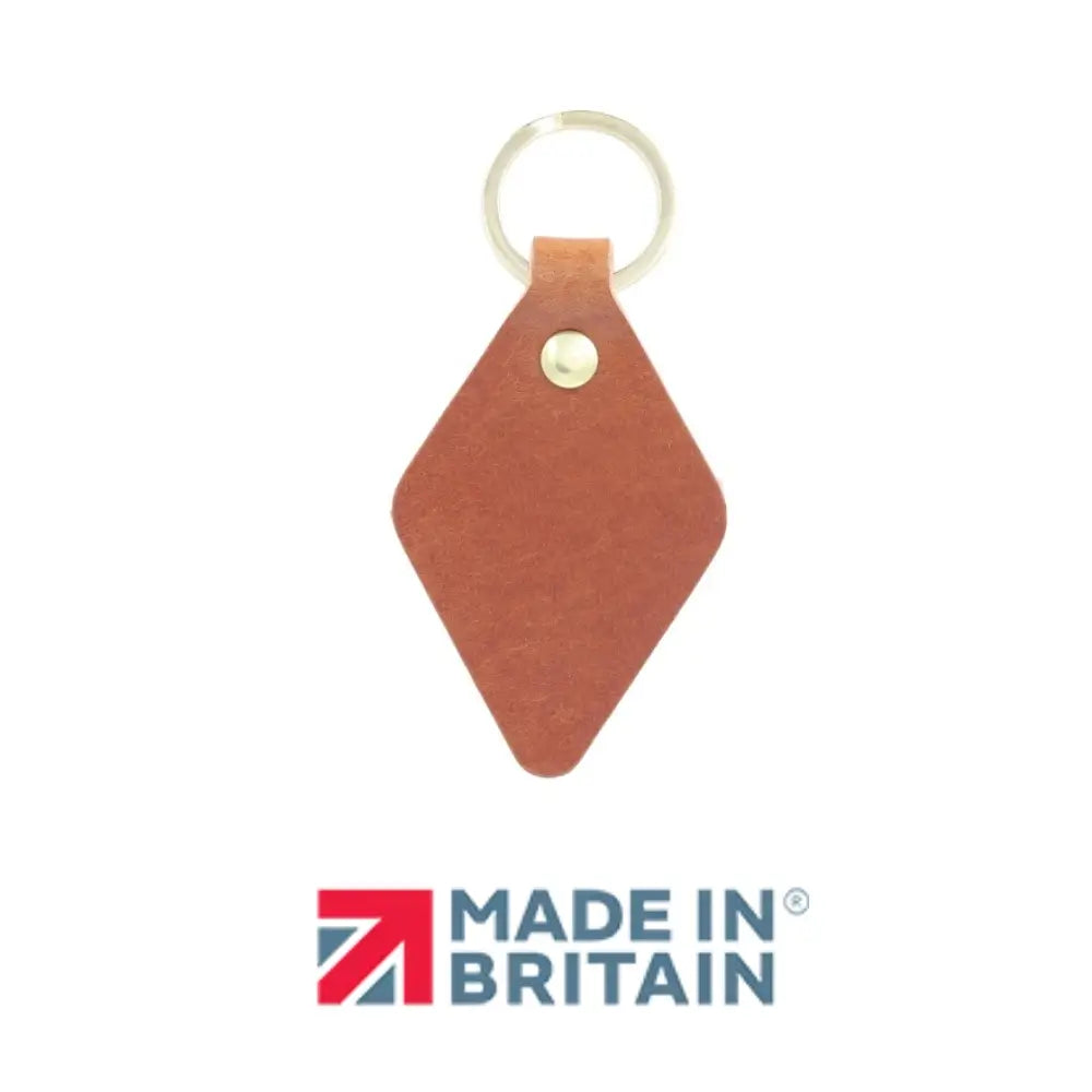 Brandy leather keychain with 'Made in Britain' logo on a white background