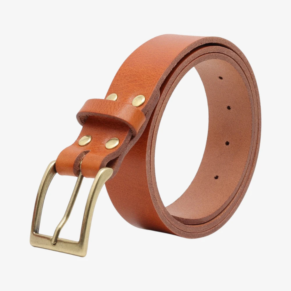 Brandy leather belt with gold buckle on a white background