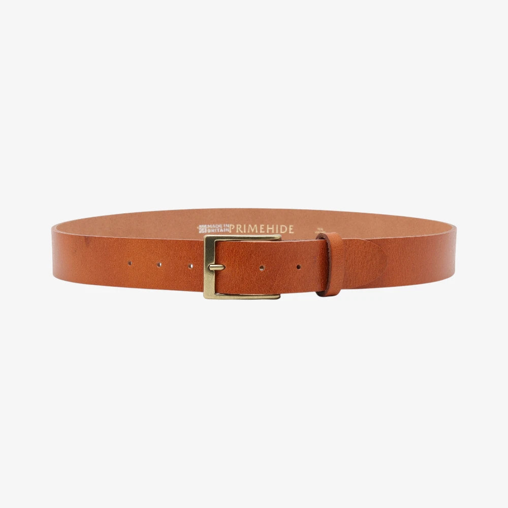 Full width view of Brandy leather belt with a gold buckle on a white background