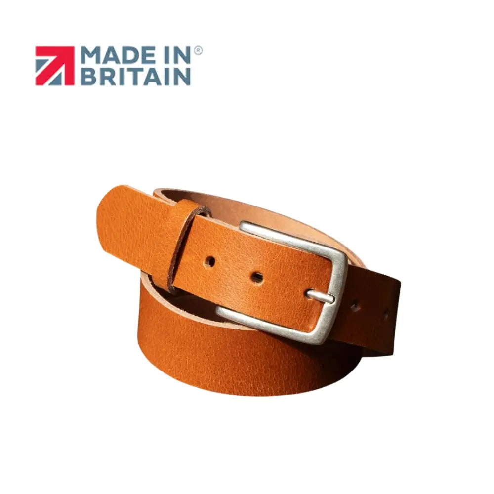 Brandy  leather belt with silver buckle on a white background, featuring 'Made in Britain' logo.
