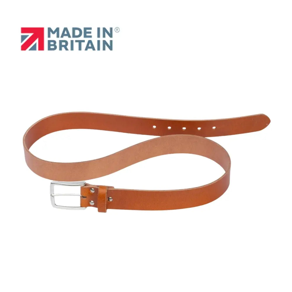 Brandy  leather belt with silver buckle on a white background, featuring 'Made in Britain' logo.